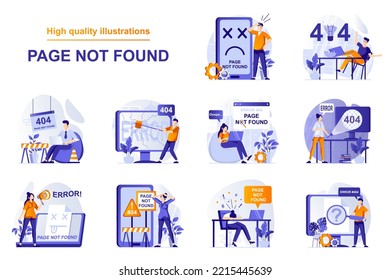 Page not found web concept with people scenes set in flat style. Bundle of error 404, internet connect problem, maintenance, fixing and repair of webpage. Vector illustration with character design