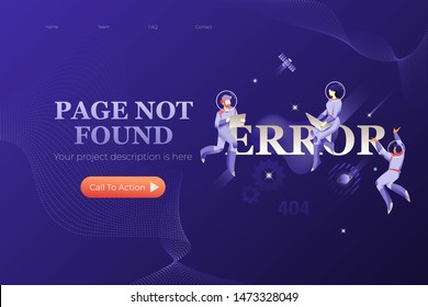 Page Not Found web page design template with word ERROR and three astronauts around. Vector for web design on navy blue background.