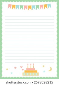Page with a note field in soft colors with a birthday cake and garland