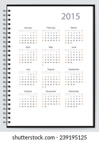 Page of a notebook with 2015 calendar. Vector
