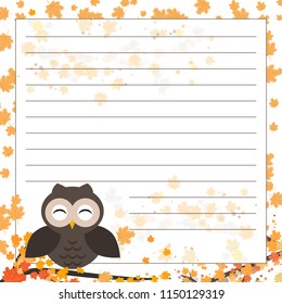 Page for notebook, diary or planners. Page with falling leaves and cute owl on the branch.