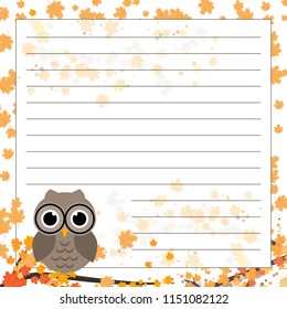 Page for notebook, diary or planners. Page with falling leaves and cute owl on the branch.