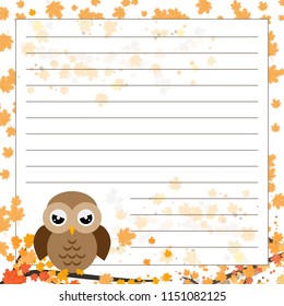 Page for notebook, diary or planners. Page with falling leaves and cute owl on the branch.