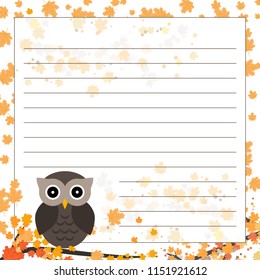 Page for notebook, diary or planners. Page with falling leaves and cute owl on the branch.