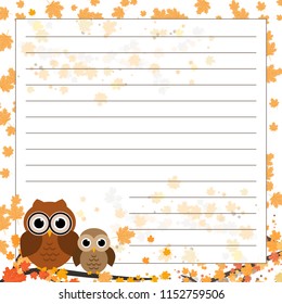 Page for notebook, diary or planners. Page with falling leaves and cute owl on the branch.