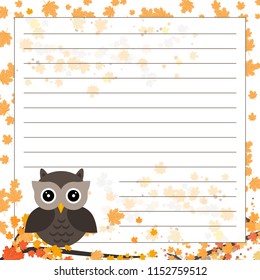 Page for notebook, diary or planners. Page with falling leaves and cute owl on the branch.