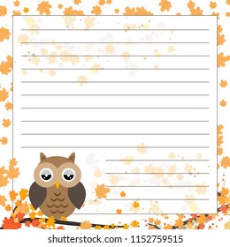 Page for notebook, diary or planners. Page with falling leaves and cute owl on the branch.