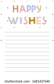 Page for notebook with hand drawn Happy Wishes.Cheerful notes.Printable page template design.