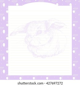 Page in a notebook with a hand-drawn animals bunny rabbit. Page in a diary daily for girls, creative magazine art book. Decorative page for records. Page in a diary for girls