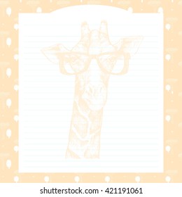 Page in a notebook with a hand-drawn animals giraffe. Page in a diary daily for girls, creative magazine art book. Decorative page for records. Page in a diary for girls