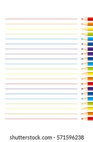Page for notebook with isolated colored pencils: red, orange, blue, light blue, violet, green, yellow and colored horizontal lines on white background. Rainbow colors.
