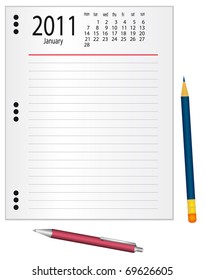 Page from a notebook with a pen and pencil. Vector illustration