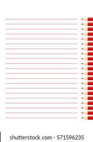 Page for notebook with red color pencils and red  horizontal lines on white background.