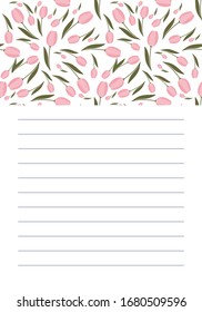 
Page for notebook with tulips, flowers.Printable page template design.
