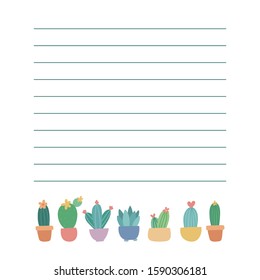 Page for notes with cactuses, succulents, flowers