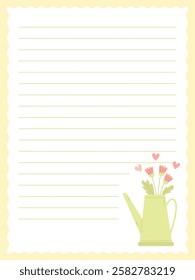 a page for notes with a cute watering can with spring flowers and hearts