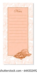 Page for notes in a nautical style with seashells on a beige background. Vector
