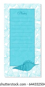 Page for notes in a nautical style with seashells on a blue background. Vector