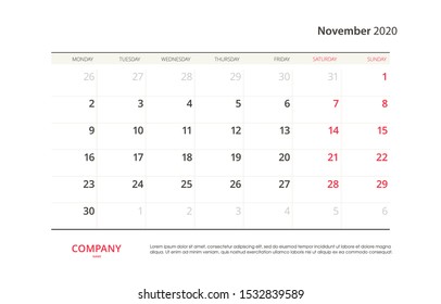 Page November 2020 calendar planner stationary design template. Monthly planner. Corporate and business template design. Week starts on Sunday. Vector illustration. Isolated background.