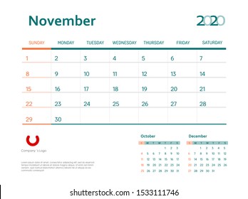 Page November 2020 wall calendar planner stationary design template. Color event monthly planner. Corporate and business template design. Week starts on Sunday. Vector illustration. Isolated.