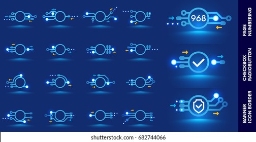 Page number designation, checkbox, bullet or round frames for design brochures, booklets, pamphlets or web pages about technology, electronics, engineering. PCB. printing circuit board.