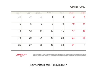 Page October 2020 calendar planner stationary design template. Monthly planner. Corporate and business template design. Week starts on Sunday. Vector illustration. Isolated background.