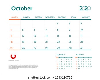 Page October 2020 wall calendar planner stationary design template. Color event monthly planner. Corporate and business template design. Week starts on Sunday. Vector illustration. Isolated background