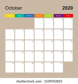 Сalendar page for October 2020, wall planner with colorful design. Week starts on Monday. Vector calendar template.