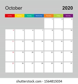 Сalendar page for October 2020, wall planner with colorful design. Week starts on Sunday. Vector calendar template.