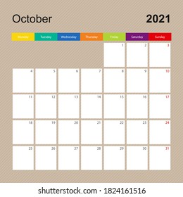 Сalendar page for October 2021, wall planner with colorful design. Week starts on Monday. Vector calendar template.