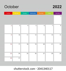 Сalendar page for October 2022, wall planner with colorful design. Week starts on Sunday. Vector calendar template.