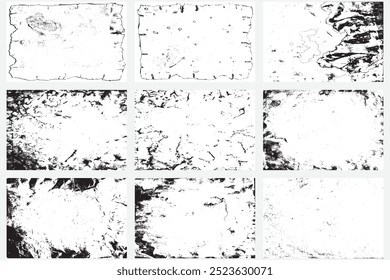 Page overlay backgrounds set of old book or calligraphy. Black white dirty ancient parchment papers in dust set. Writing, study and education concept. Papers texture for book making.
