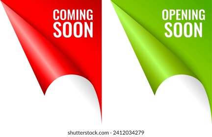 Page paper corner with Coming Soon promotion text on white background. Vector typographic templates with curled up corners