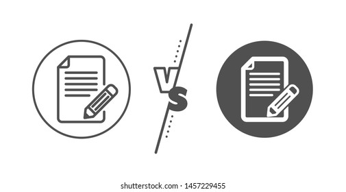 Page with pencil sign. Versus concept. Feedback line icon. Copywriting symbol. Line vs classic article icon. Vector