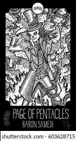 Page of pentacles. Baron Samedi. Minor Arcana Tarot card. Fantasy line art illustration. Engraved vector drawing. See all collection in my portfolio set