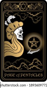 Page of pentacles. Card of Minor arcana black and gold tarot cards. Tarot deck. Vector hand drawn illustration with skull, occult, mystical and esoteric symbols.