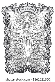 Page of pentacles. Minor Arcana tarot card. The Magic Gate deck. Fantasy engraved vector illustration with occult mysterious symbols and esoteric concept