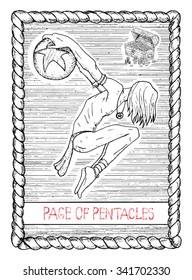 Page of pentacles. The minor arcana tarot card, vintage hand drawn engraved illustration with mystic symbols. Circus actor or performer, handsome man, acrobat with ball