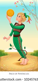 Page of pentacles, tarot card. Vector illustration