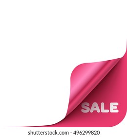 Page pink curl corner with shadow on blank white sheet of paper. Vector template for your design and business. Realistic vector white paper sticker. Corner element for advertising and promo text.