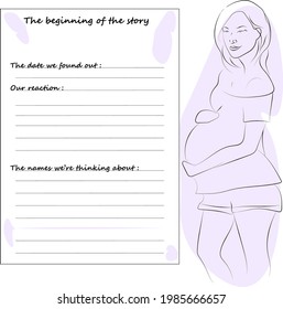 A page from the pregnancy diary. A memorable page of the book for Expectant Moms. Illustration of a pregnant woman in shorts and a T-shirt. Questionnaire with questions about pregnancy.