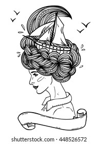 Page with print for adult coloring book. Hand drawn portrait of a dreaming young beautiful woman with ship in waves of curly swirly sea-like hair. Tattoo, zentangle, fashion, marine, vintage ribbon.