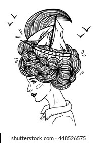 Page with print for adult coloring book. Hand drawn artwork of a dreaming young beautiful woman with ship in waves of curly swirly sea-like hair. Tattoo portrait, zentangle, fashion, marine, postcard.