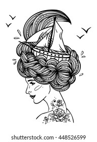 Page with print for adult coloring book. Hand drawn portrait of a dreaming young beautiful woman with ship in waves of curly swirly sea-like hair and rose tattoo. Tattoo, zentangle, fashion, marine.