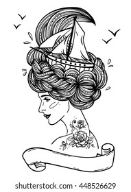 Page with print for adult coloring book. Hand drawn portrait of a dreaming young beautiful woman with ship in waves of curly sea-like hair and rose tattoo. Zentangle, fashion, marine, vintage ribbon.