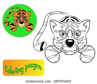 A page for printing and coloring with a red tiger.Coloring book for children.Black and white vector illustration with a sample for coloring.