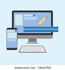 Page proofs. Computer Monitor With Image Of School Writing Supplies. Flat Vector Illustration. PC, pencil and ruler