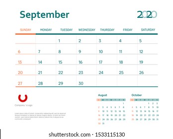 Page September 2020 wall calendar planner stationary design template. Color event monthly planner. Corporate and business template design. Week starts on Sunday. Vector illustration. Isolated.