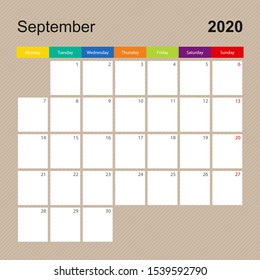 Сalendar page for September 2020, wall planner with colorful design. Week starts on Monday. Vector calendar template.