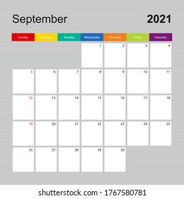 С Kalenderseite für September 2021, Wandplaner mit buntem Design. Die Woche beginnt am Sonntag. VektorKalendervorlage.